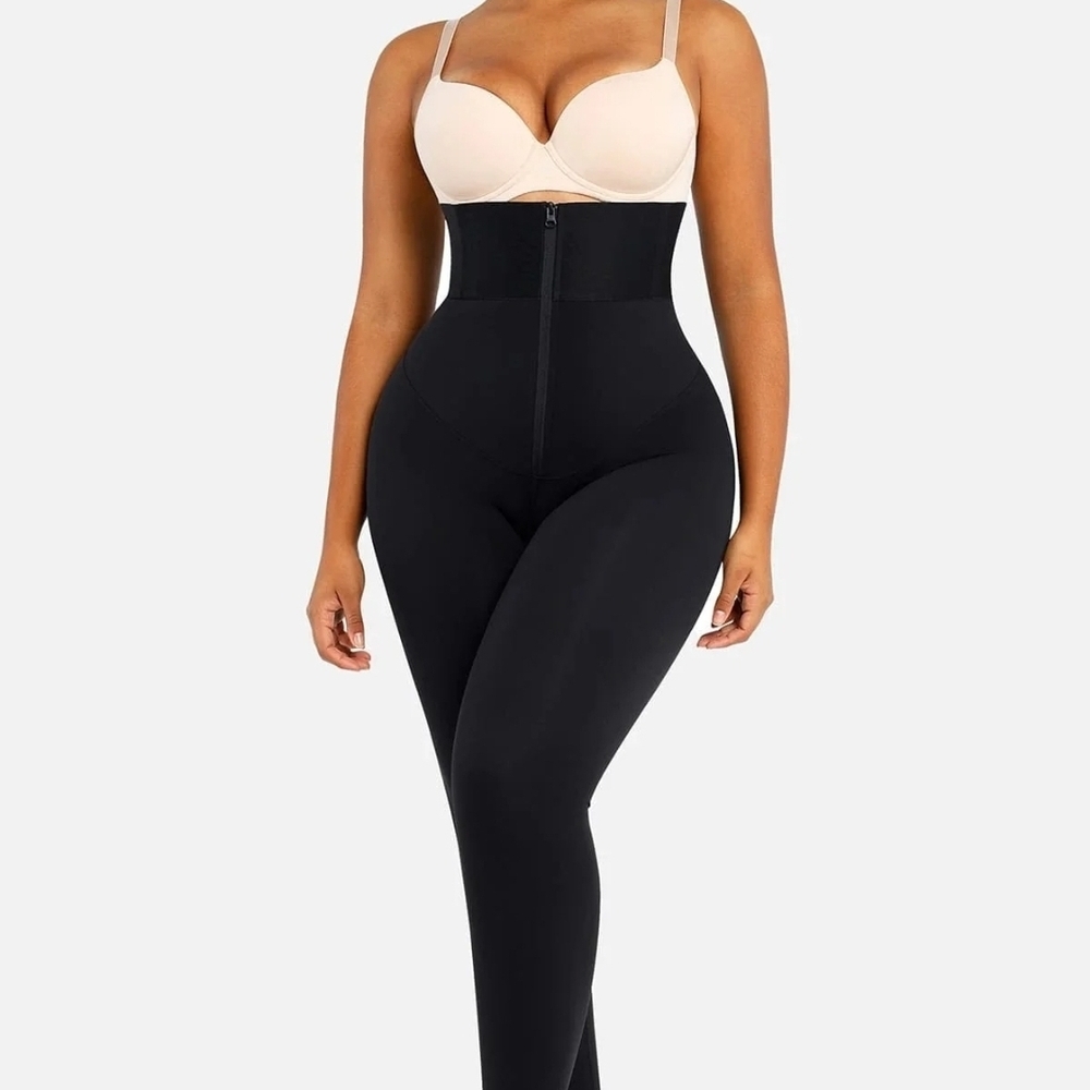 High-Waist Black Shaping Leggings with Front Zip Waist Trainer